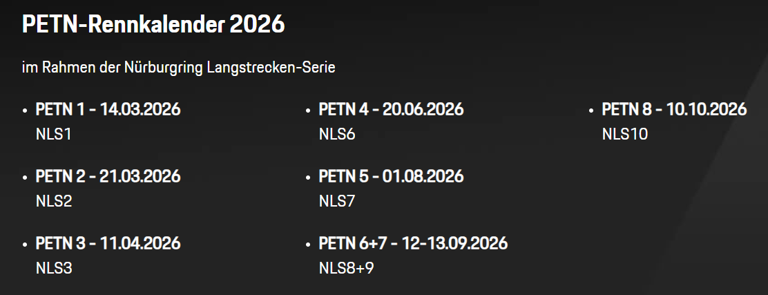 Grafische Übersicht aller acht PETN-Renntermine der Saison 2026